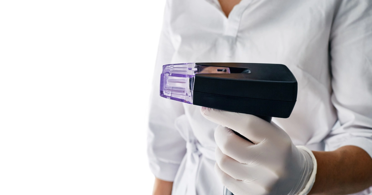 Gloved professional holding a Morpheus8 microneedling device for skin tightening in Waterloo, Kitchener & Cambridge