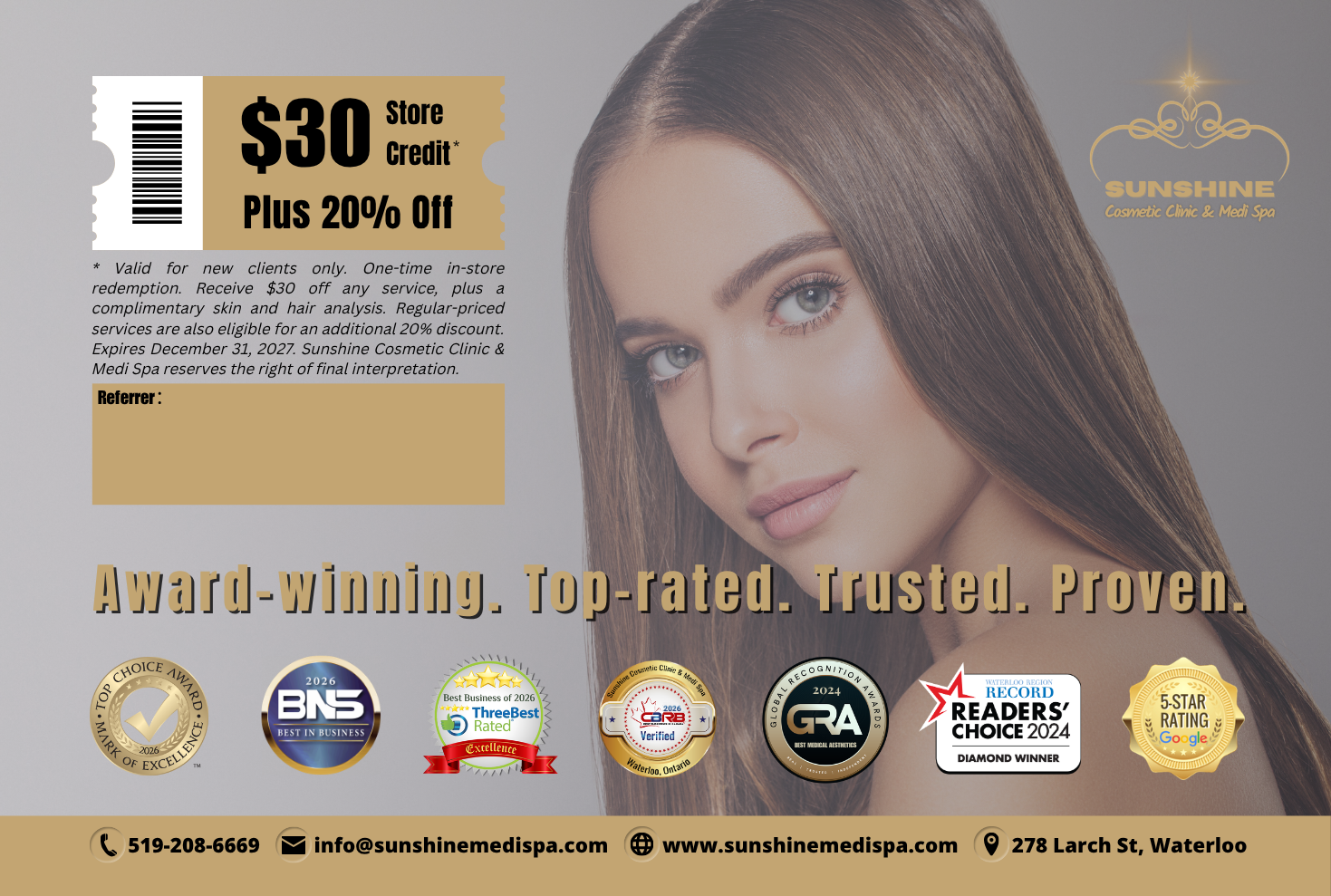 Sunshine Cosmetic Clinic and Medi Spa Kitchener Waterloo - Business Referral Card Front image